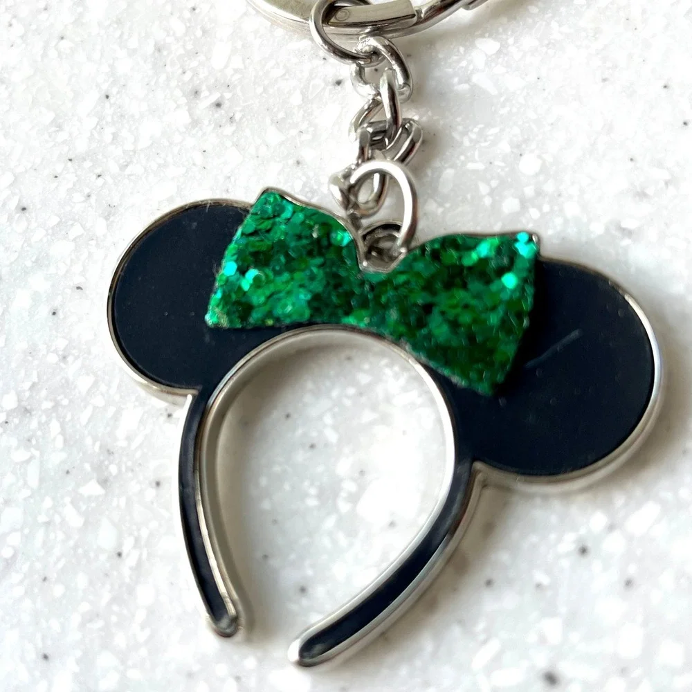 Disney Minnie Mouse Ear Headband Keychain Green Glitter Bow Black Enamel Silver